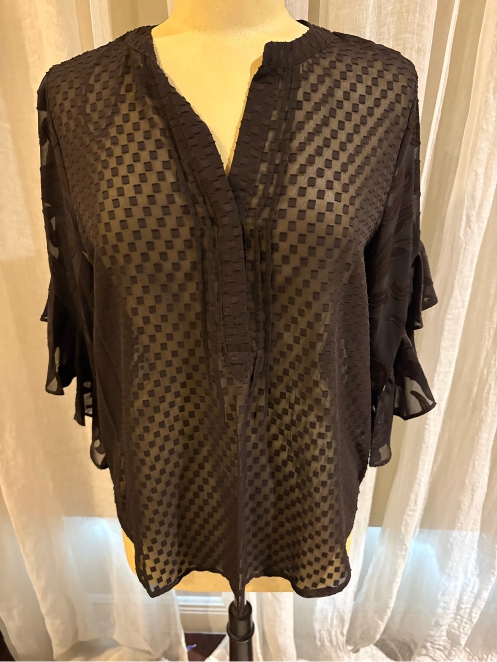 Vince Camuto Brown Sheer Check-Texture Blouse